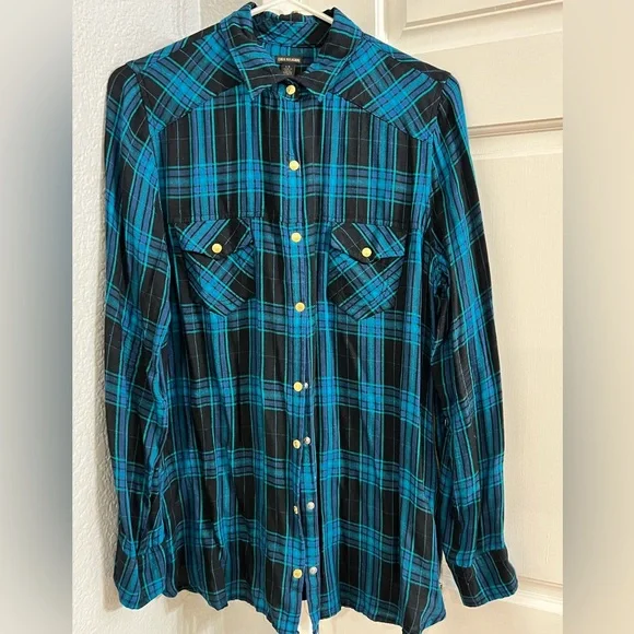 True Religion gold zippered blue plaid shirt - Picture 6 of 10